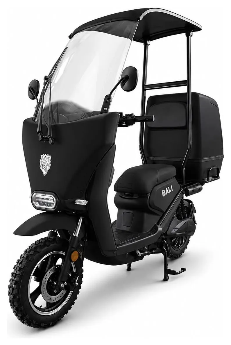 Kucher Bali e-⁠scooter with a windshield, roof and delivery box – black