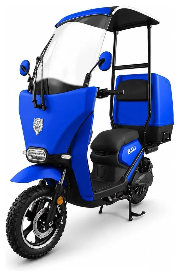 Kucher Bali e-⁠scooter with a windshield, roof and delivery box – blue