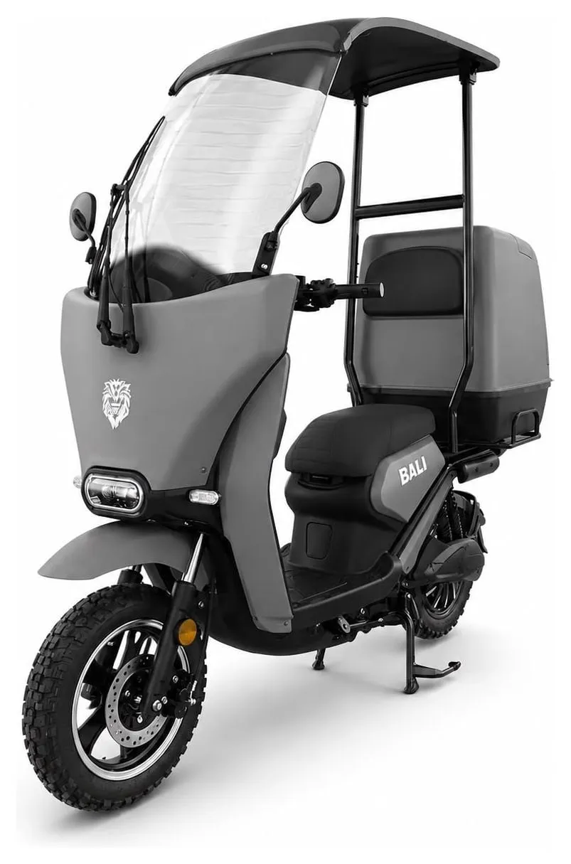 Kucher Bali e-⁠scooter with a windshield, roof and delivery box – grey