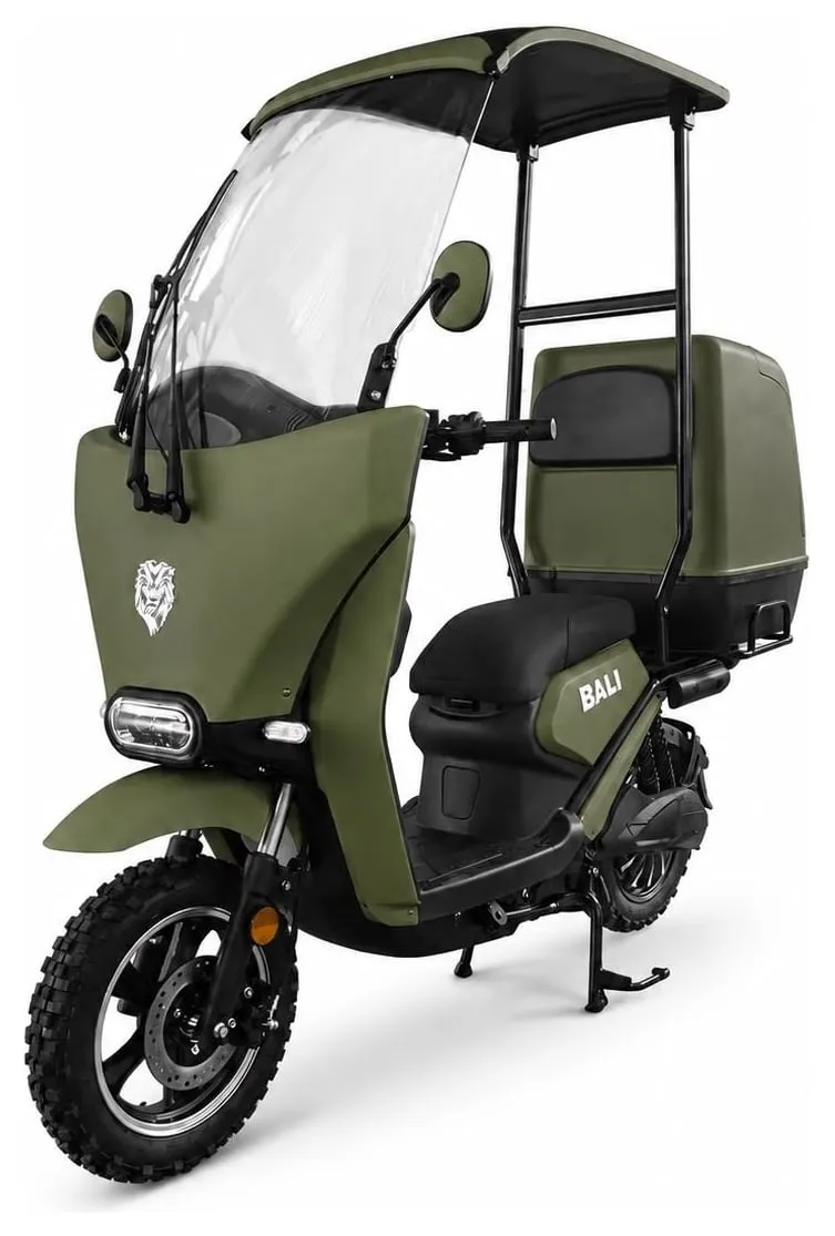 Kucher Bali e-⁠scooter with a windshield, roof and delivery box – olive