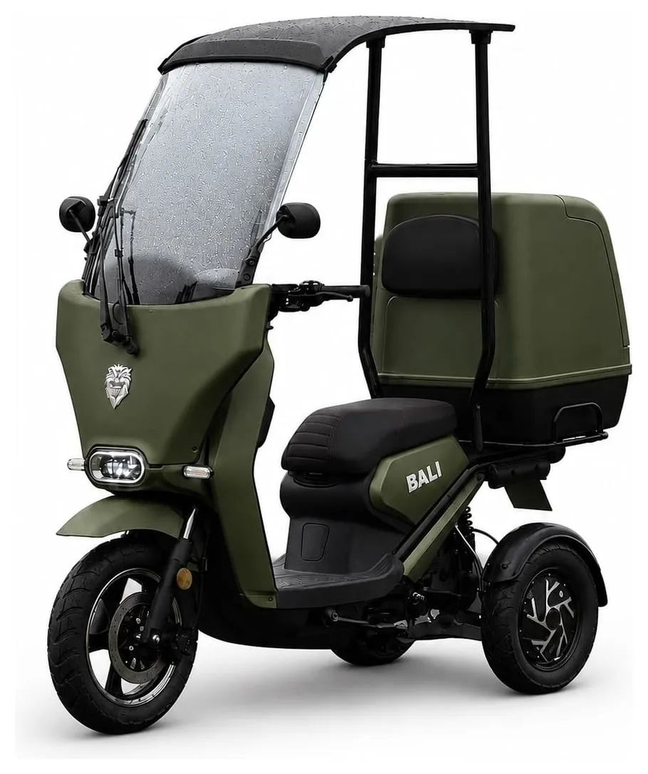 Kucher Bali trike with a windshield, roof and delivery box – olive