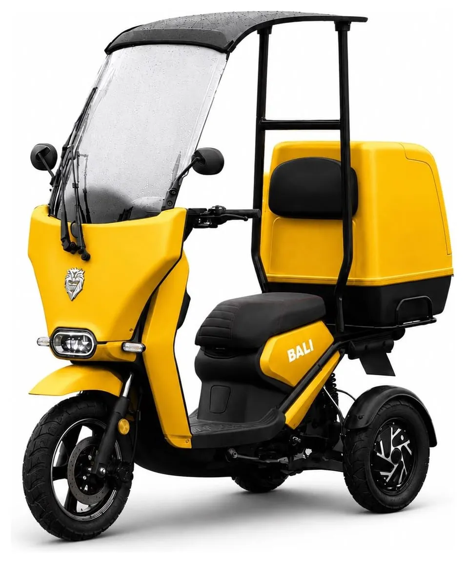 Kucher Bali trike with a windshield, roof and delivery box – yellow