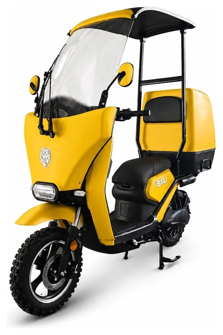 Kucher Bali e-⁠scooter with a windshield, roof and delivery box – yellow